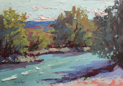 "Down by the River" - Framed - Painting by Nicholas Hayter, an artist from Hawke's Bay, New Zealand.