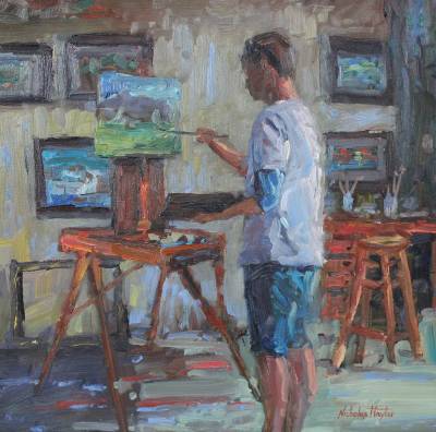 "Artist at Work" - Framed, Oil on Board - Painting by Nicholas Hayter, an artist from Hawke's Bay, New Zealand.