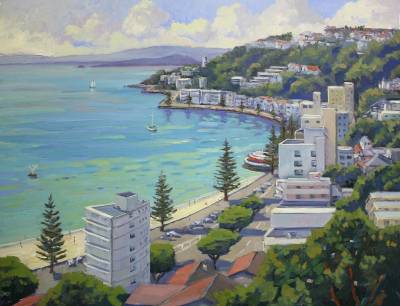 "View to Oriental Parade" - oil on board, framed - Painting by Nicholas Hayter, an artist from Hawke's Bay, New Zealand.