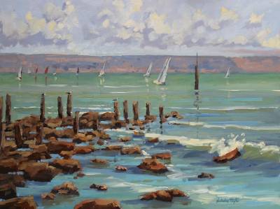 "Sea Breeze" - oil painting on board, framed. Westshore Napier - Painting by Nicholas Hayter, an artist from Hawke's Bay, New Zealand.