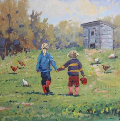 "Feeding the Chooks" - oil painting on board, framed - Painting by Nicholas Hayter, an artist from Hawke's Bay, New Zealand.