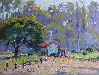 "Barn Amongst the Trees" - oil on board, framed - Painting by Nicholas Hayter, an artist from Hawke's Bay, New Zealand.