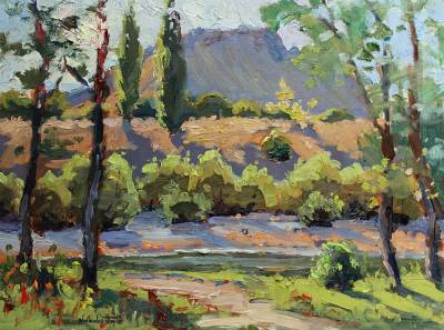 "To the River Bank" - Hawke's Bay, plein air painting. Sold unframed. The purchaser can have this piece custom framed or displyed as is. - Painting by Nicholas Hayter, an artist from Hawke's Bay, New Zealand.