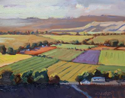 "Patchwork Fields" - oil on board - Painting by Nicholas Hayter, an artist from Hawke's Bay, New Zealand.