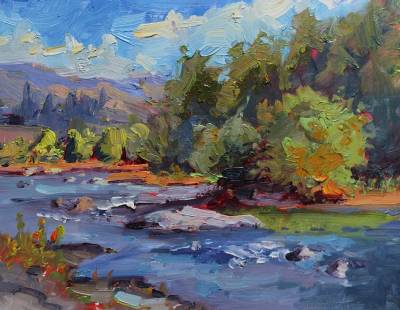 "From the River" - Original New Zealand oil paintings. Painted Plein Air (outdoors) by the beautiful Ngaruroro river. This painting is sold unframed and can be custom framed by the purchaser or displayed as is. (oil on board) - Painting by Nicholas Hayter, an artist from Hawke's Bay, New Zealand.