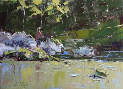 "Weekend Fly Fishing" - oil on board, a fly fishing oil painting - Painting by Nicholas Hayter, an artist from Hawke's Bay, New Zealand.