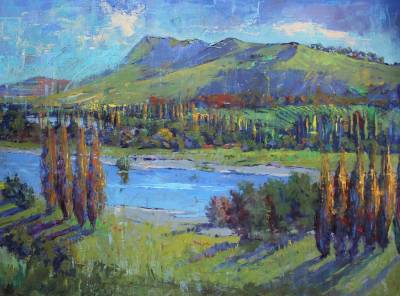 "Beside TeMata" - Original New Zealand oil painting. Classic painting of a Hawkes Bay landscape. Very pleasing colour harmony. This piece is framed in a contemporary float frame. - Painting by Nicholas Hayter, an artist from Hawke's Bay, New Zealand.