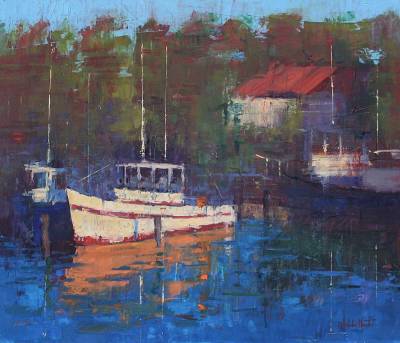 "Boats on the Deep Blue" - oil on board - Painting by Nicholas Hayter, an artist from Hawke's Bay, New Zealand.