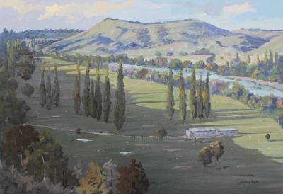 "Evening Shadows on the Tukituki" - oil on board - Painting by Nicholas Hayter, an artist from Hawke's Bay, New Zealand.