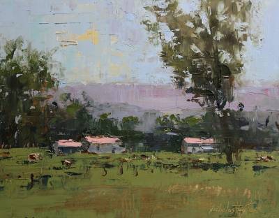 "Out on the Farm" - oil on board - Painting by Nicholas Hayter, an artist from Hawke's Bay, New Zealand.