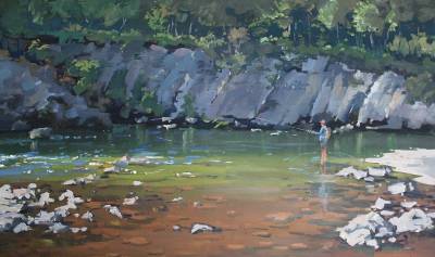 "Fly Fishing Oasis" - oil on board, framed - Painting by Nicholas Hayter, an artist from Hawke's Bay, New Zealand.